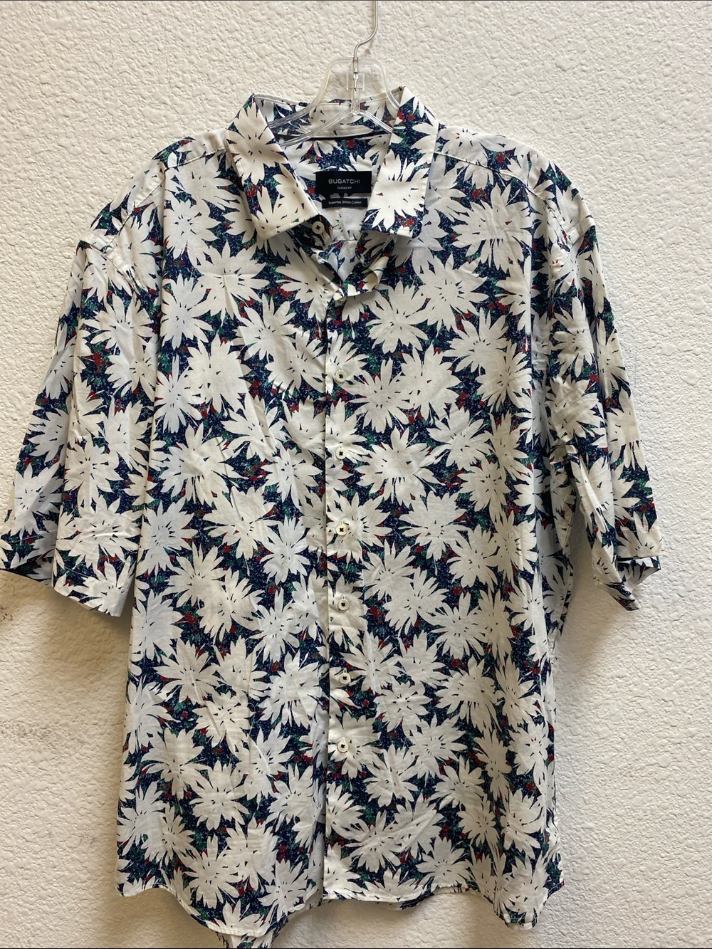 Bugatchi White Short-Sleeve Floral Button-Down Shirt with Navy new Accents